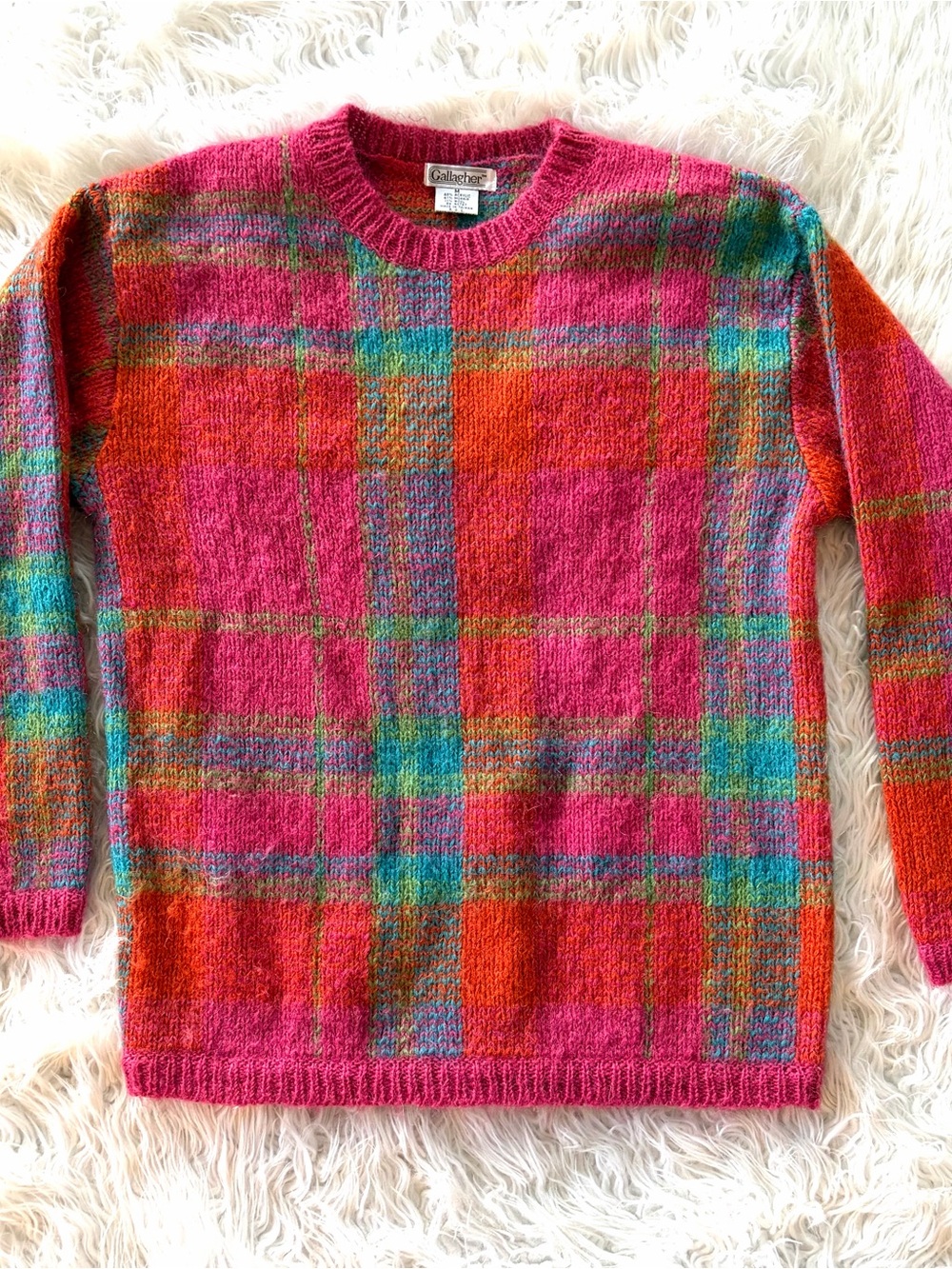Vintage 80s Gallagher Plaid Mohair Blend
Crewneck Sweater Fuzzy Pink Orange Med
